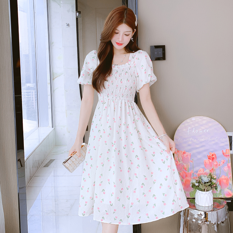 2024 Summer Tea Dress French Style Short Sleeve Square Neck Floral Print Women Dress