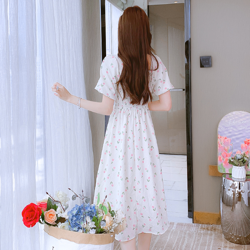 2024 Summer Tea Dress French Style Short Sleeve Square Neck Floral Print Women Dress - Image 2