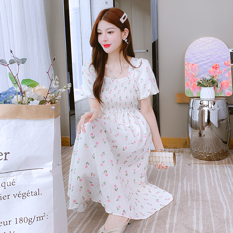 2024 Summer Tea Dress French Style Short Sleeve Square Neck Floral Print Women Dress - Image 3