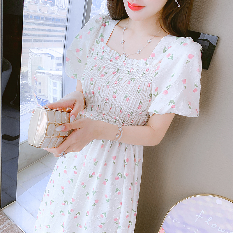 2024 Summer Tea Dress French Style Short Sleeve Square Neck Floral Print Women Dress - Image 4