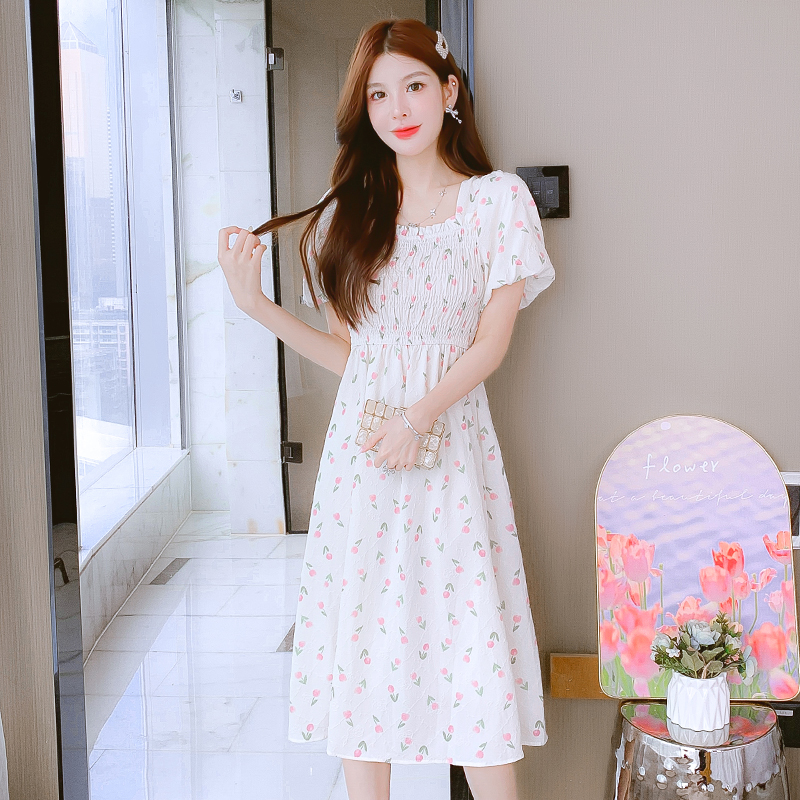 2024 Summer Tea Dress French Style Short Sleeve Square Neck Floral Print Women Dress - Image 5
