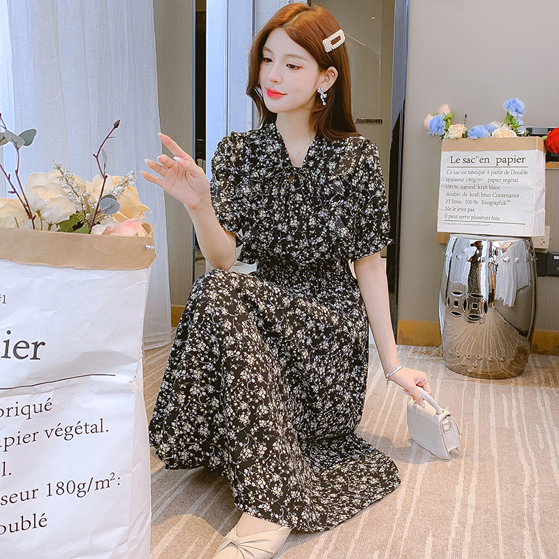 Floral Chiffon A-Line Midi Dress with V-Neck and Puff Sleeves - Image 3