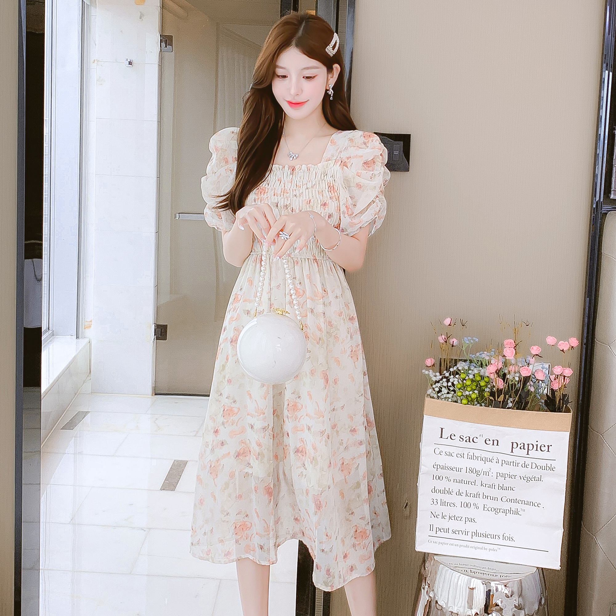 Floral Print Short Sleeve Midi Dress for Women Summer 2024 French Style Slim Fit