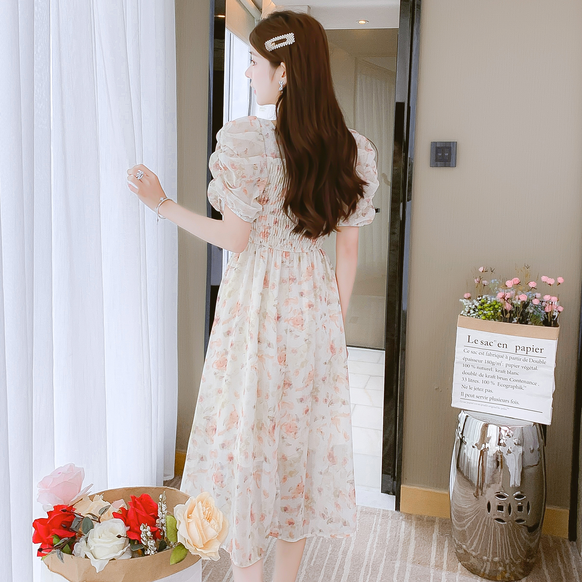 Floral Print Short Sleeve Midi Dress for Women Summer 2024 French Style Slim Fit - Image 2