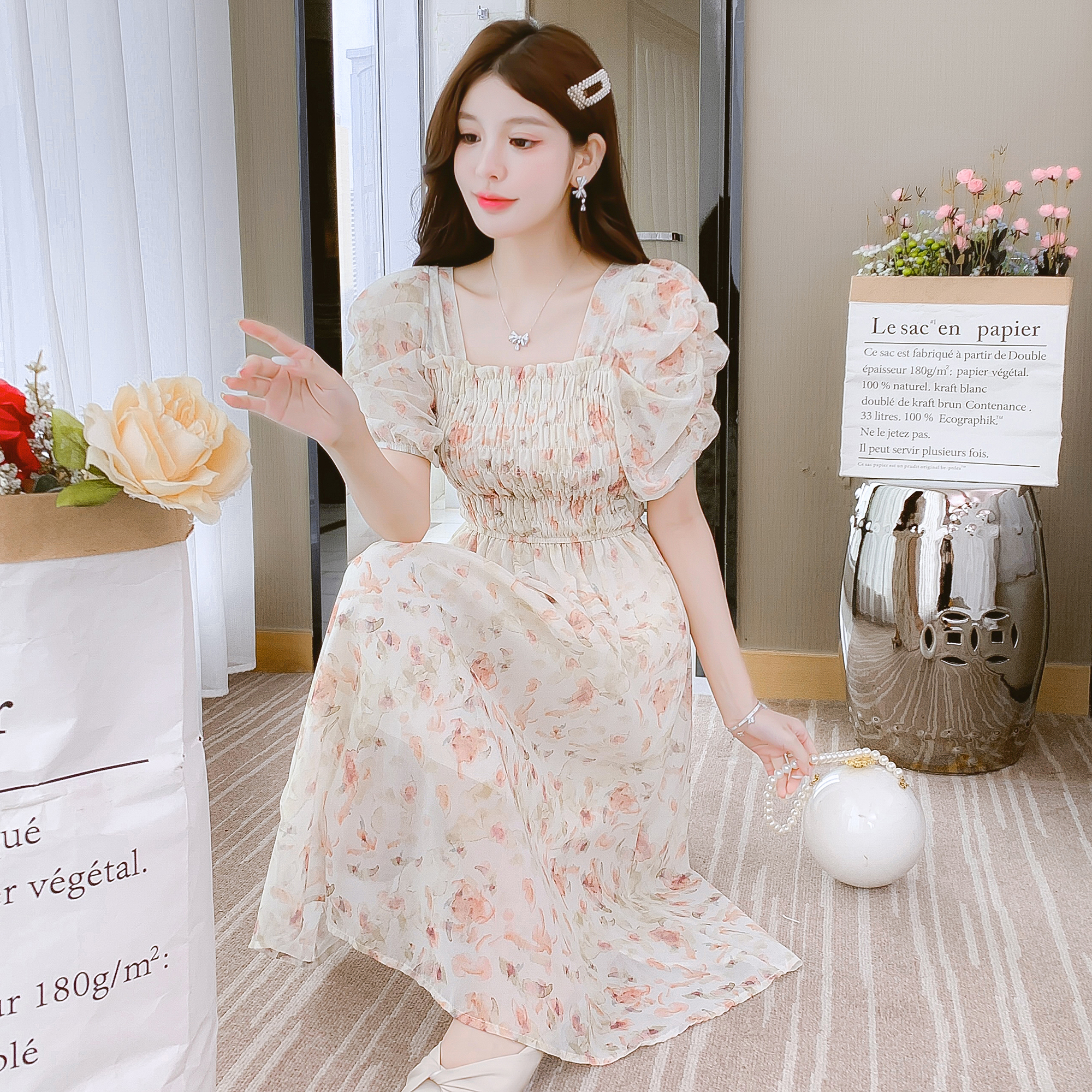 Floral Print Short Sleeve Midi Dress for Women Summer 2024 French Style Slim Fit - Image 3