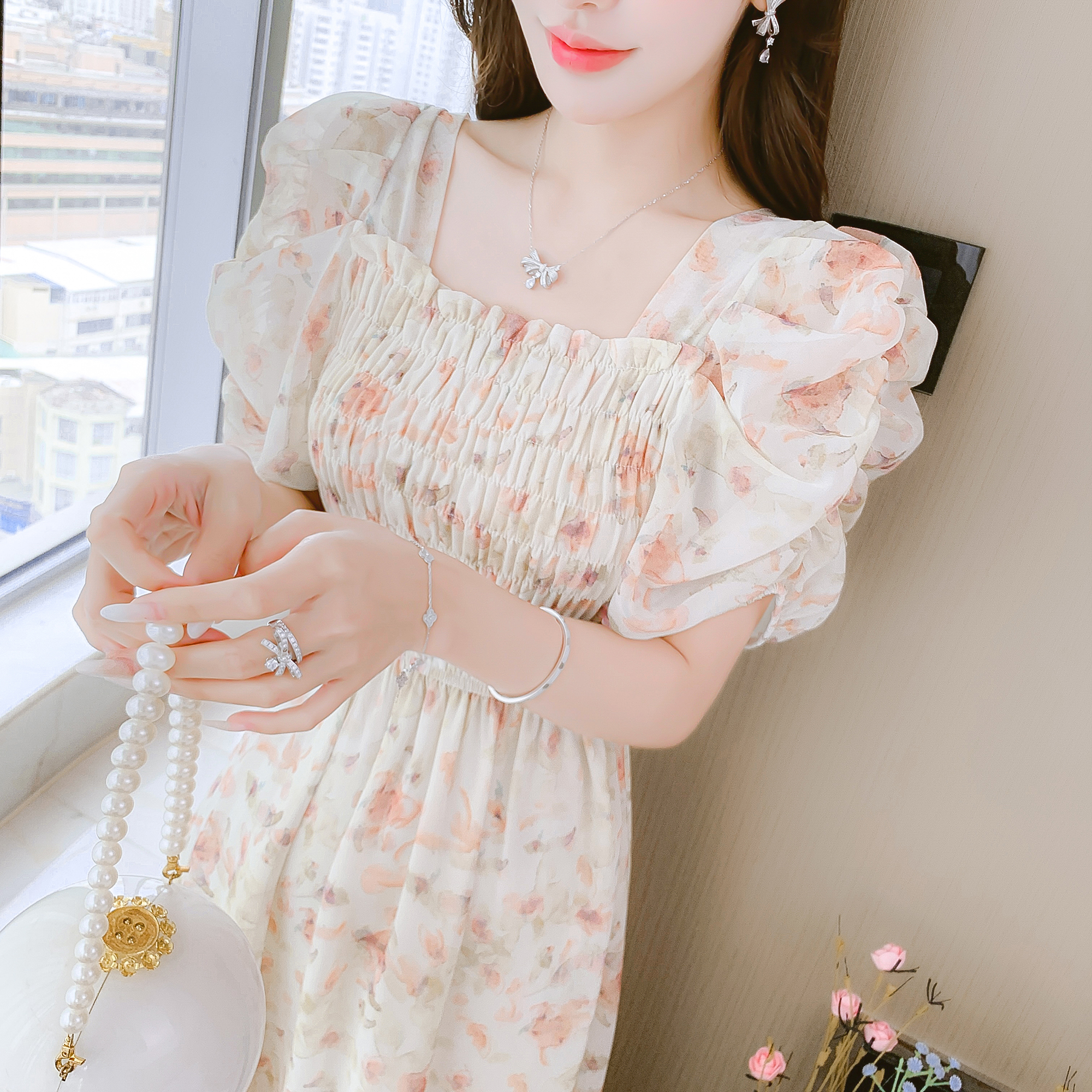 Floral Print Short Sleeve Midi Dress for Women Summer 2024 French Style Slim Fit - Image 4