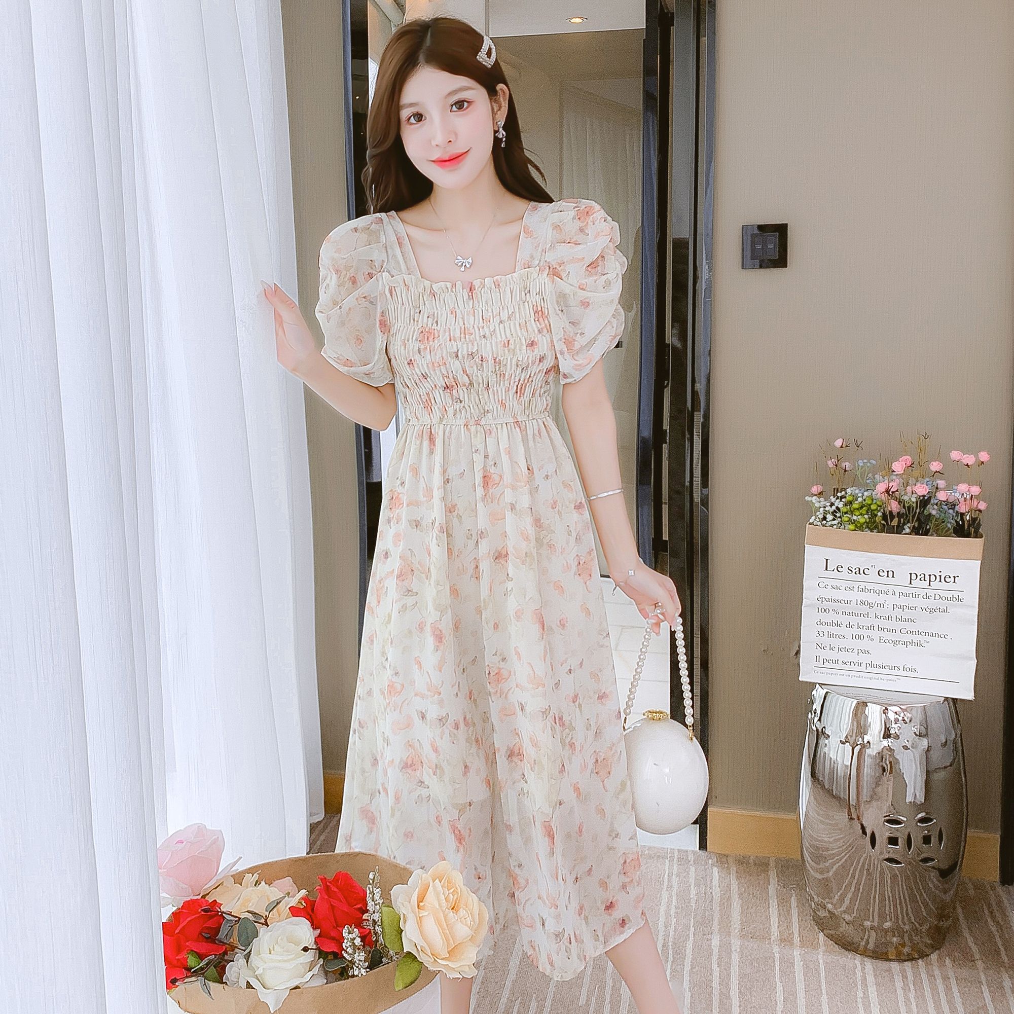 Floral Print Short Sleeve Midi Dress for Women Summer 2024 French Style Slim Fit - Image 5