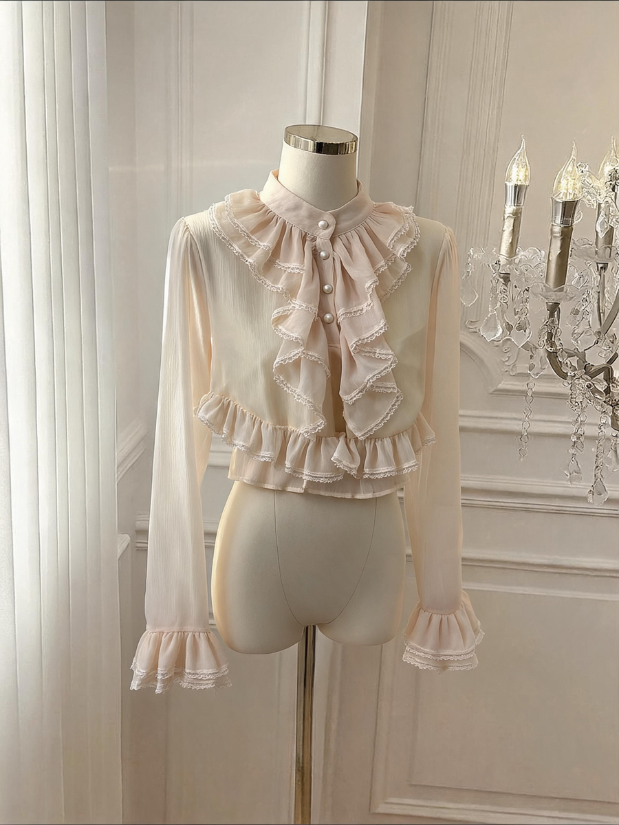 French Court Style Lace Ruffle Long Sleeve Chiffon Top for Women - Style 66731f