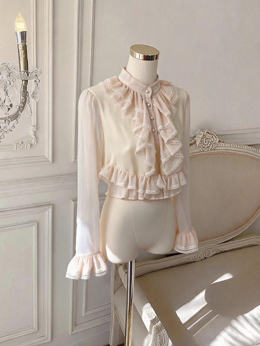 French Court Style Lace Ruffle Long Sleeve Chiffon Top for Women - Style 66731f - Image 2