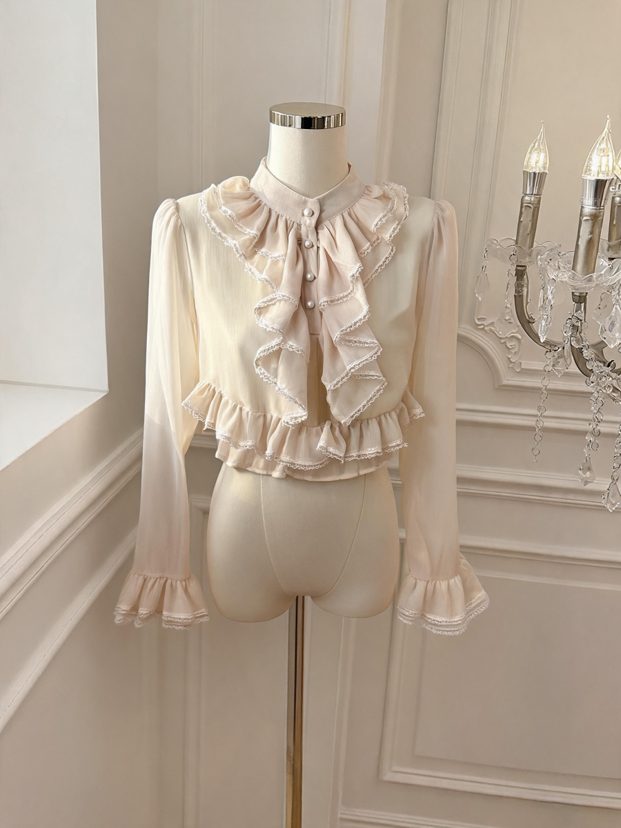 French Court Style Lace Ruffle Long Sleeve Chiffon Top for Women - Style 66731f - Image 3