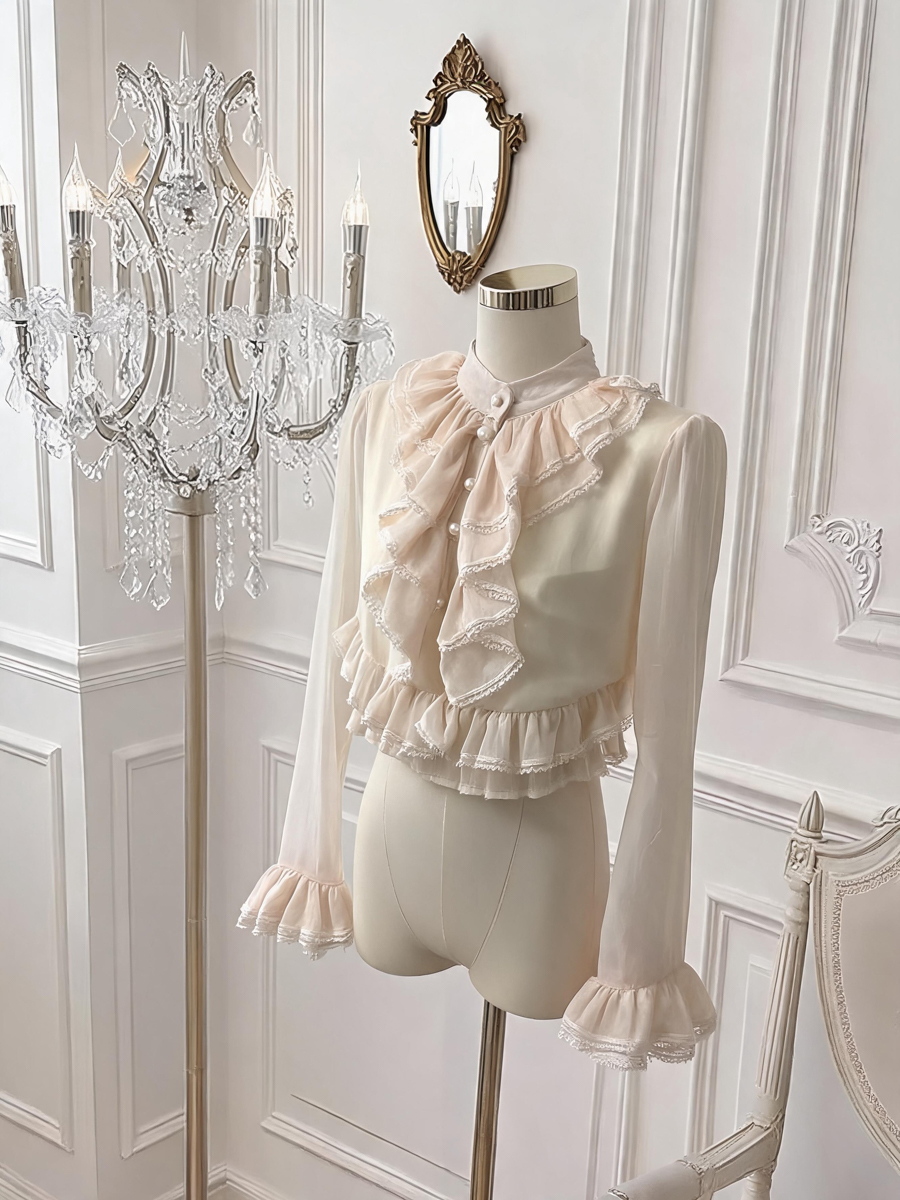 French Court Style Lace Ruffle Long Sleeve Chiffon Top for Women - Style 66731f - Image 4