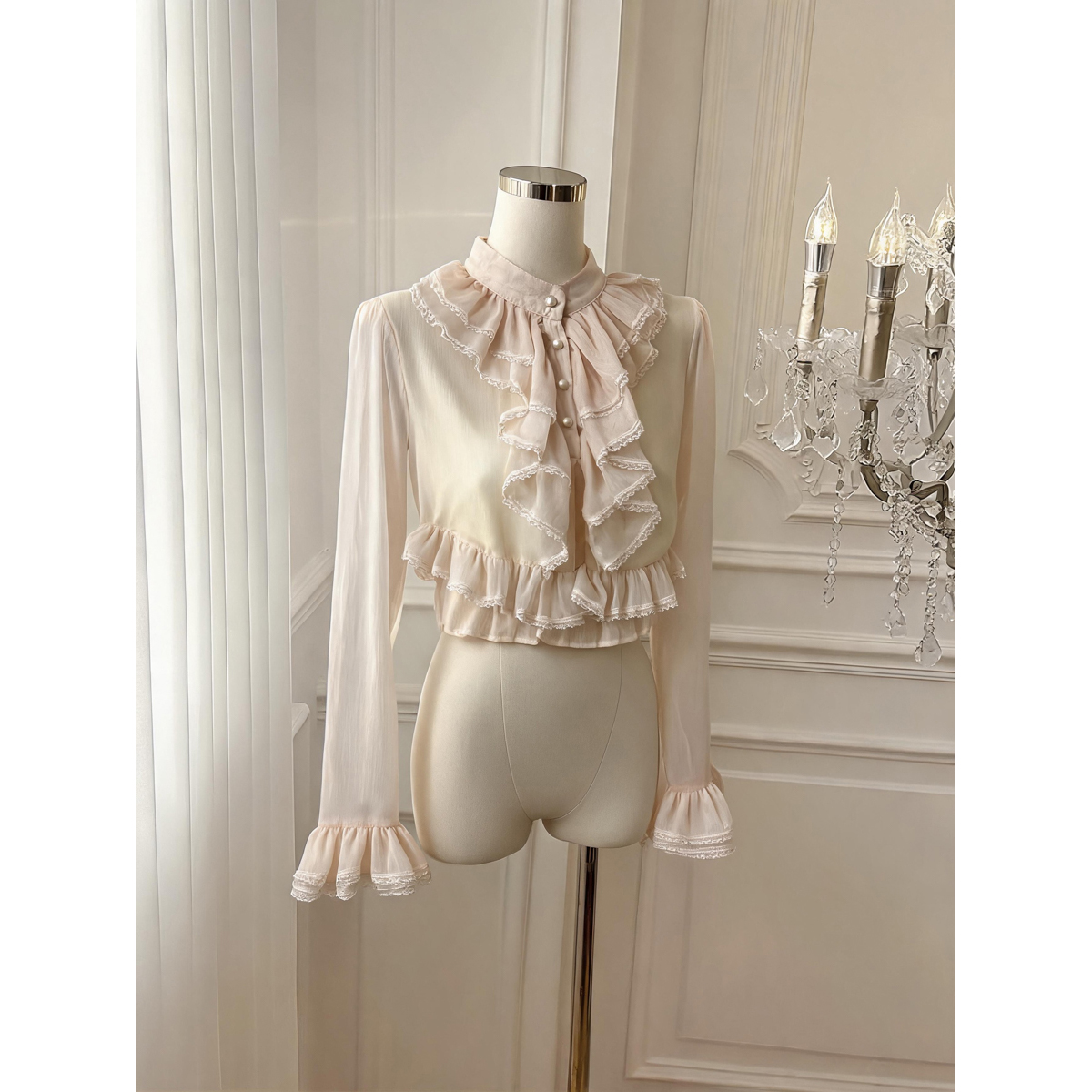 French Court Style Lace Ruffle Long Sleeve Chiffon Top for Women - Style 66731f - Image 5