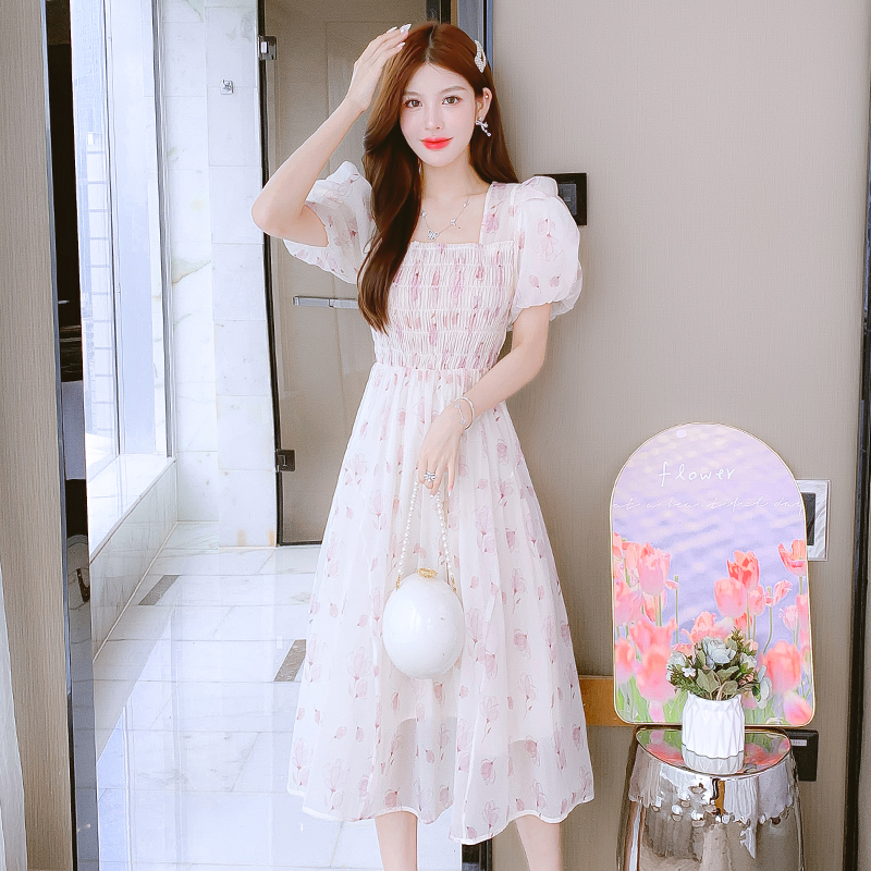 French Floral Chiffon Dress for Petite Women Summer 2024 Short Sleeve Square Neck Bubble Sleeve