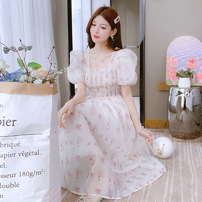 French Floral Chiffon Dress for Petite Women Summer 2024 Short Sleeve Square Neck Bubble Sleeve - Image 3