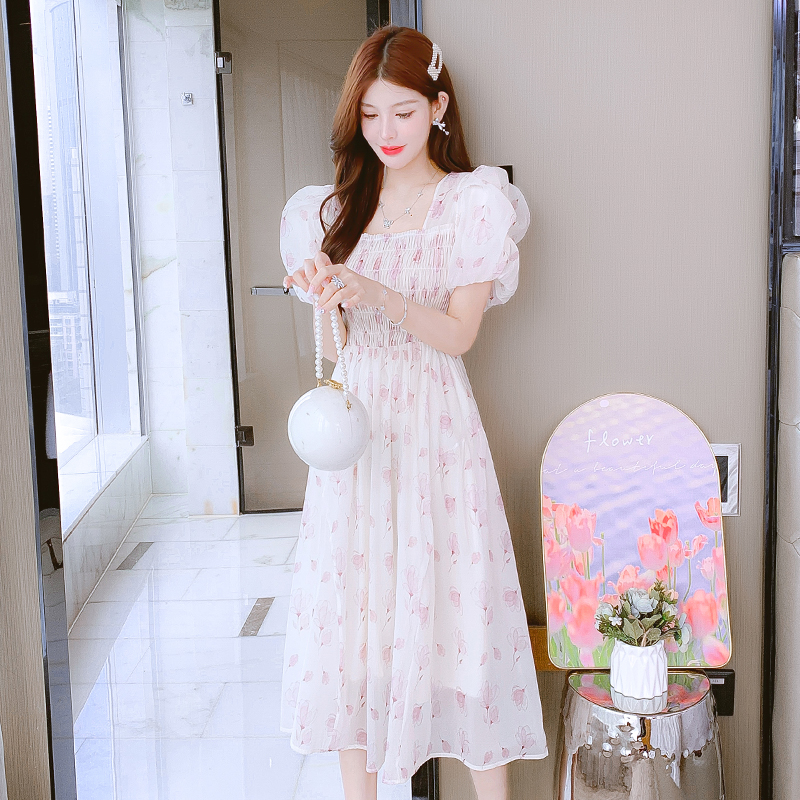 French Floral Chiffon Dress for Petite Women Summer 2024 Short Sleeve Square Neck Bubble Sleeve - Image 5