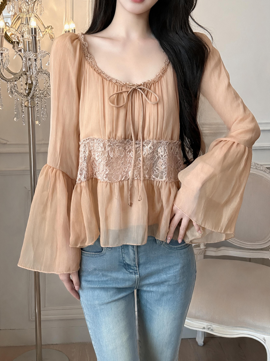 French Lace Crochet Bell Sleeve Chiffon Blouse for Women Early Autumn New