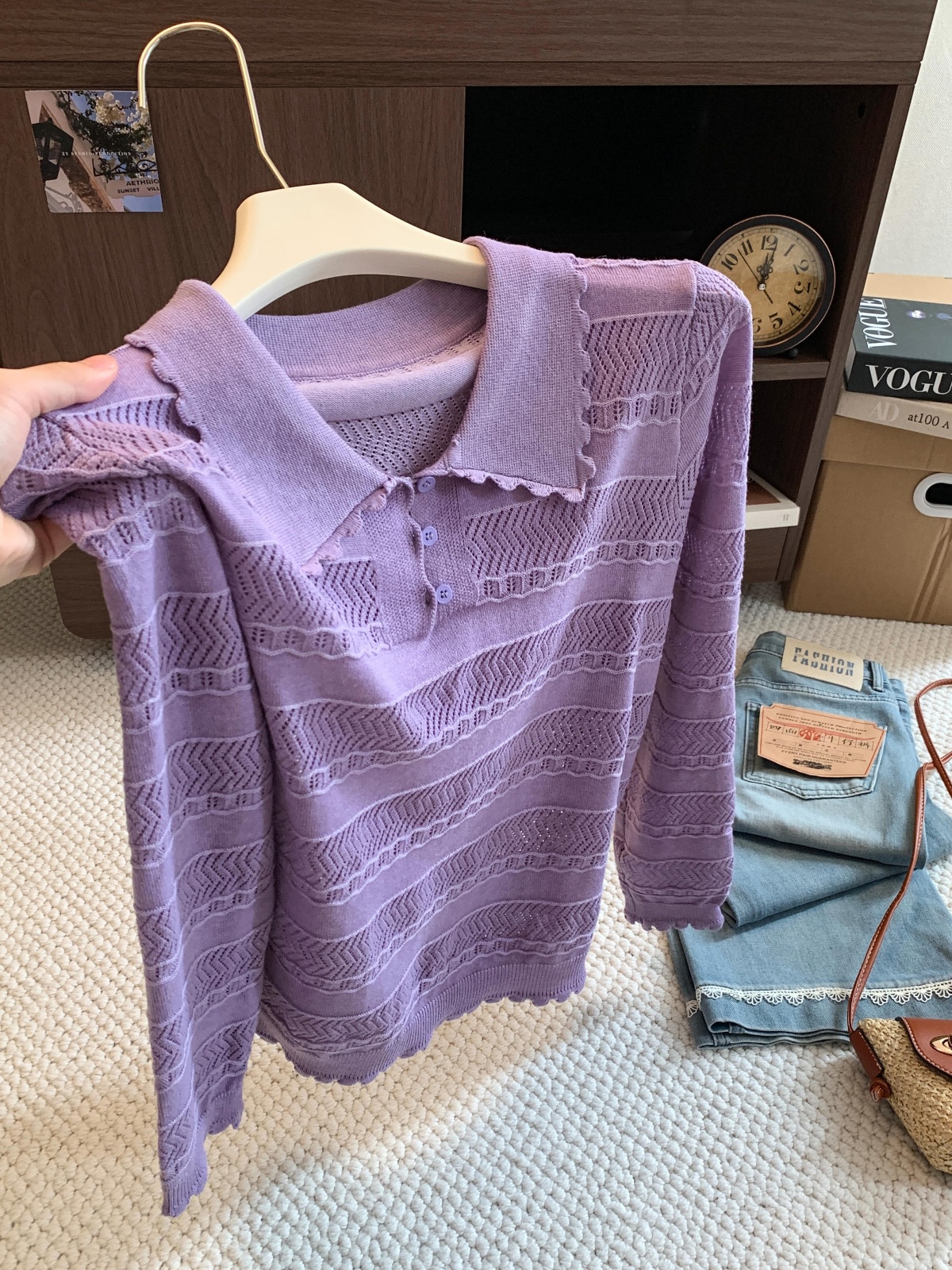 French Old Money Hollow Lace Polo Neck Long Sleeve Knit Top for Women Early Autumn New Unique High End Casual Top - Image 2