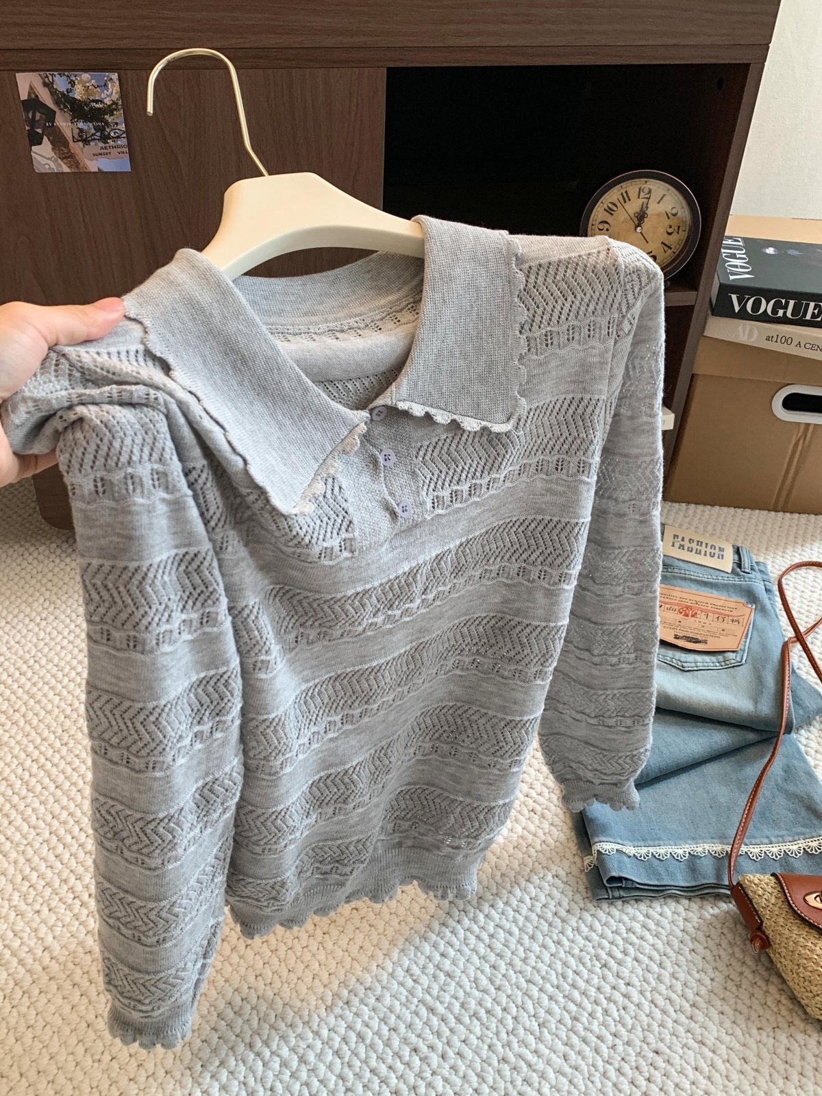 French Old Money Hollow Lace Polo Neck Long Sleeve Knit Top for Women Early Autumn New Unique High End Casual Top - Image 3