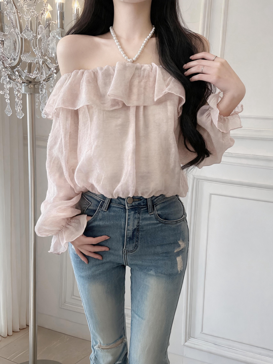 French Ruffle Off-Shoulder Halter Bubble Sleeve Blouse for Women Long Sleeve Top - Style 6518eb