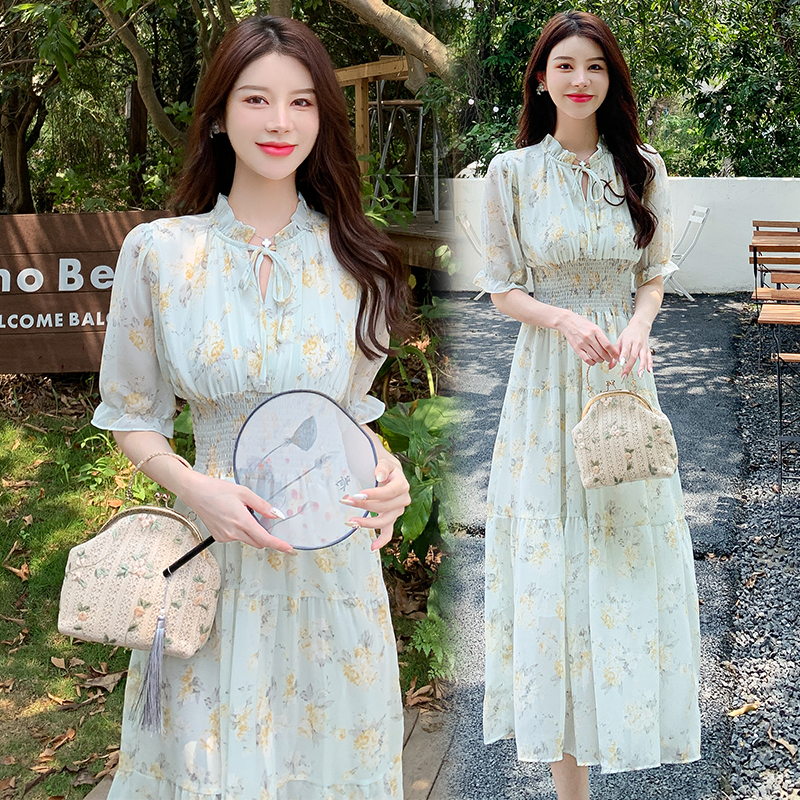 French Style Floral Chiffon Dress Summer 2024 Women's Short Sleeve High-End Petite