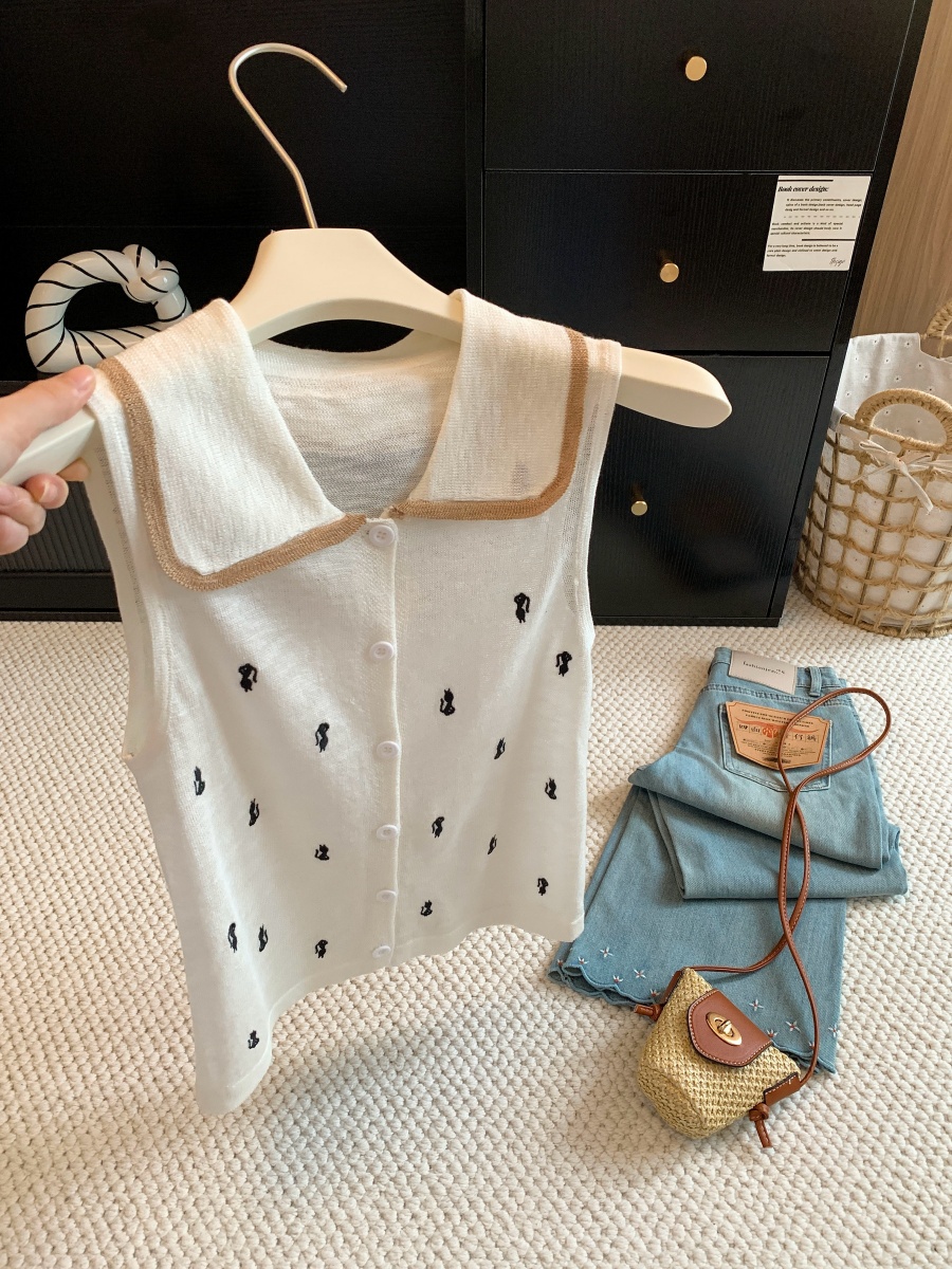 Korean Contrast Color Doll Collar Knit Vest Women Summer Thin Hollow Sleeveless Cardigan Petite Short Top - Style 677f19