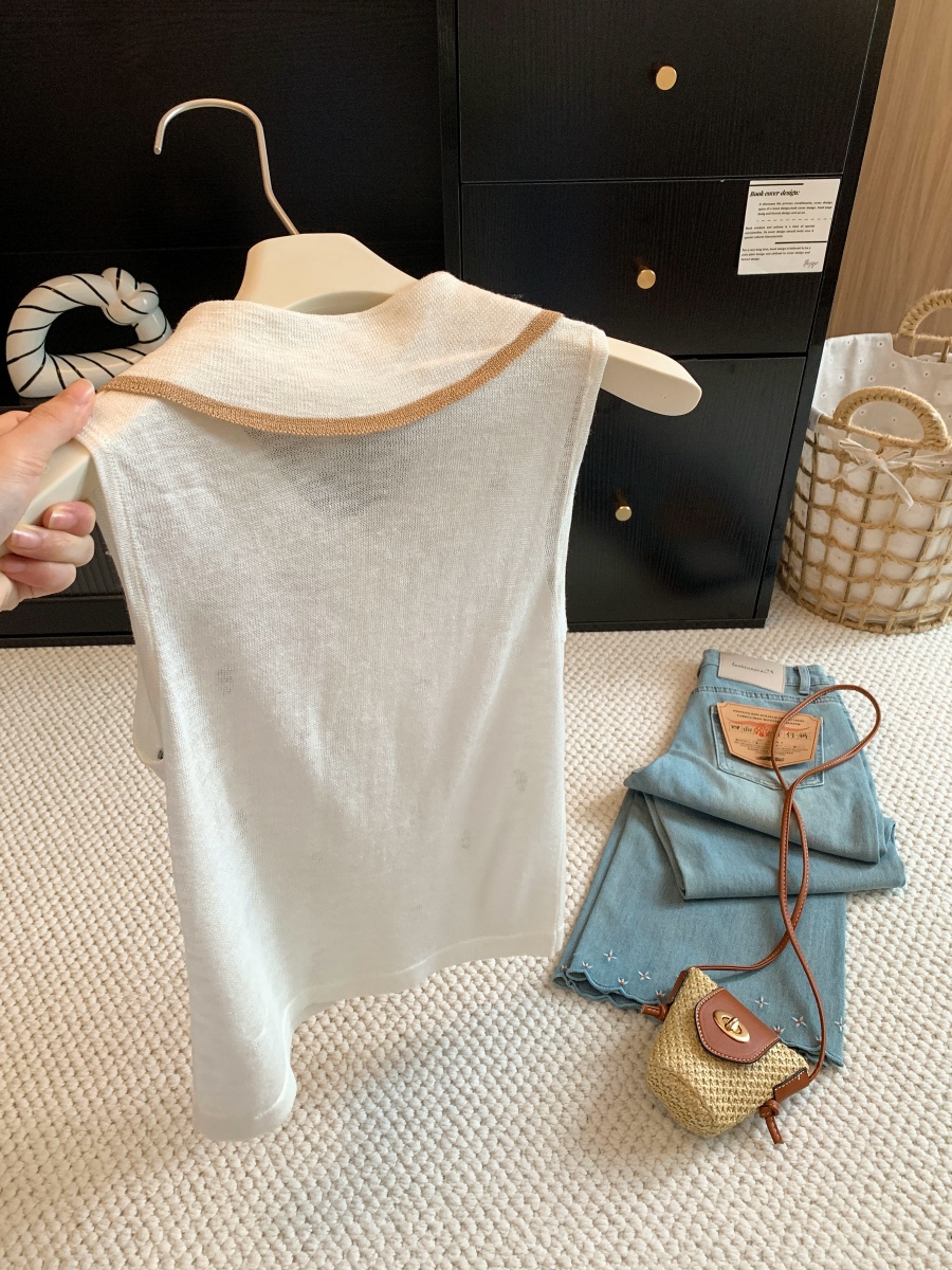 Korean Contrast Color Doll Collar Knit Vest Women Summer Thin Hollow Sleeveless Cardigan Petite Short Top - Style 677f19 - Image 2