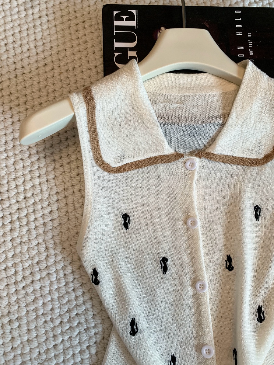 Korean Contrast Color Doll Collar Knit Vest Women Summer Thin Hollow Sleeveless Cardigan Petite Short Top - Style 677f19 - Image 3
