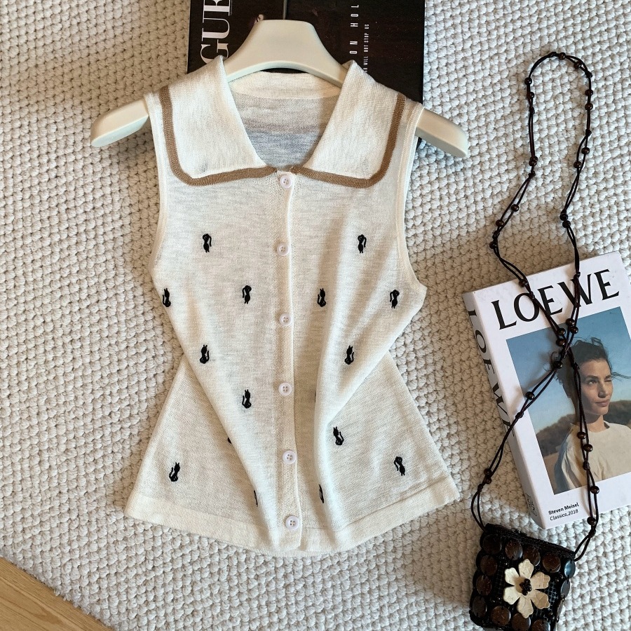 Korean Contrast Color Doll Collar Knit Vest Women Summer Thin Hollow Sleeveless Cardigan Petite Short Top - Style 677f19 - Image 5