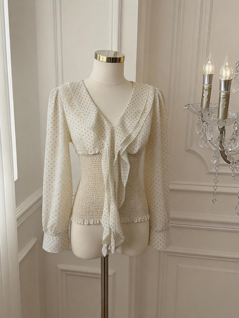 Korean Polka Dot Long Sleeve Chiffon Top with Ribbon - Style 665d0a