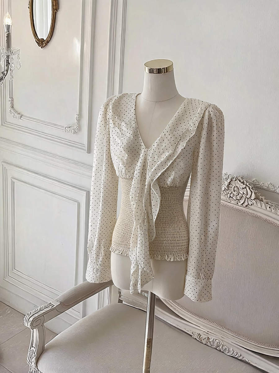 Korean Polka Dot Long Sleeve Chiffon Top with Ribbon - Style 665d0a - Image 2