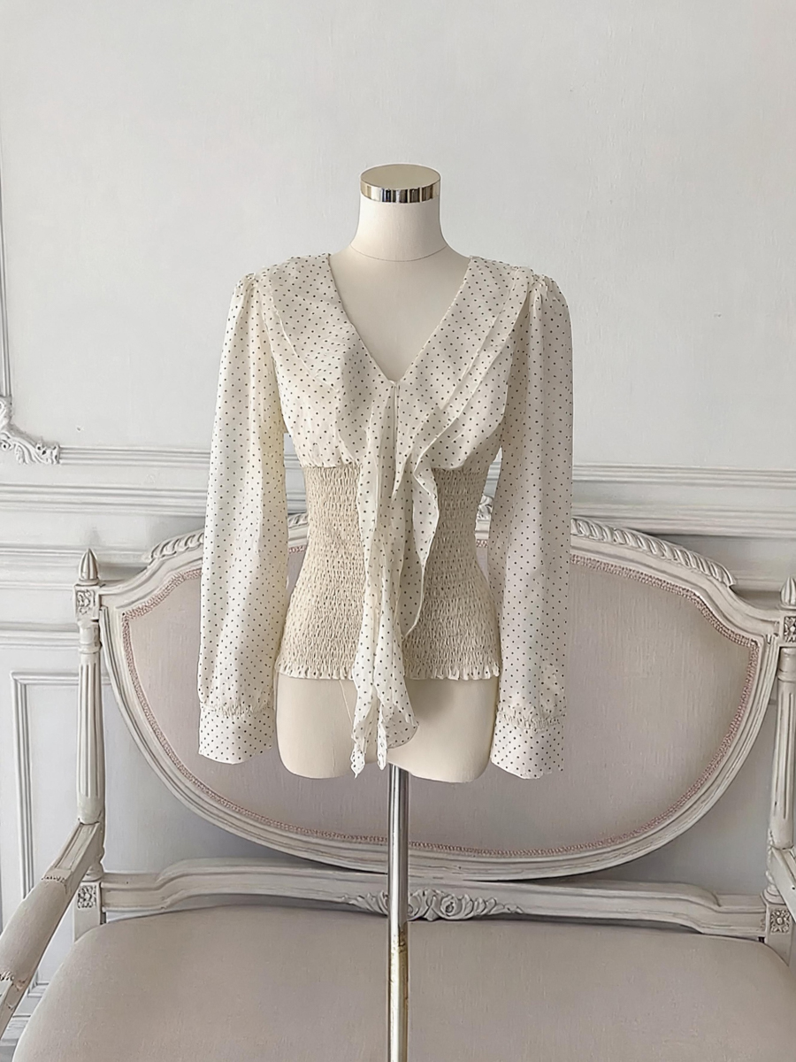Korean Polka Dot Long Sleeve Chiffon Top with Ribbon - Style 665d0a - Image 3