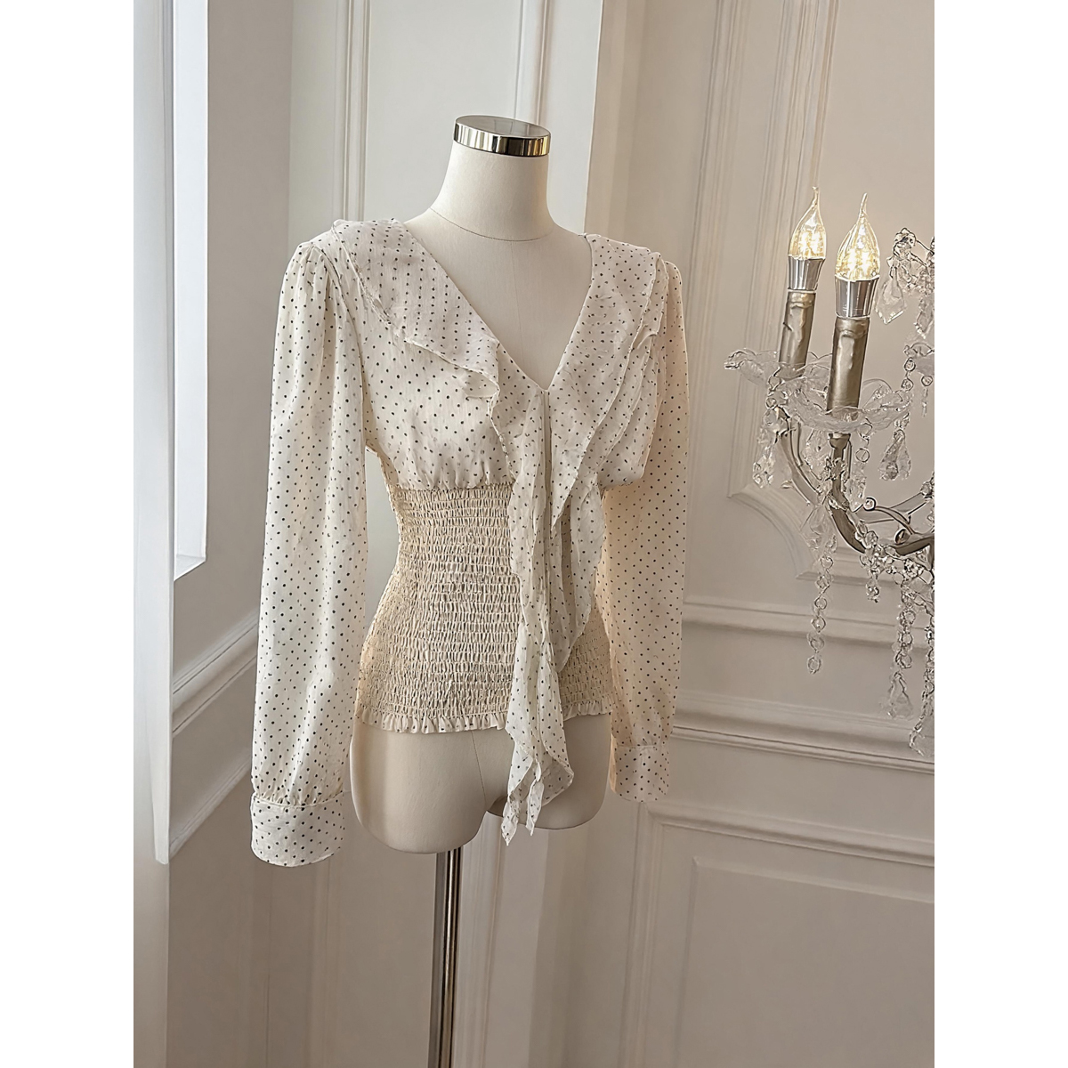 Korean Polka Dot Long Sleeve Chiffon Top with Ribbon - Style 665d0a - Image 5