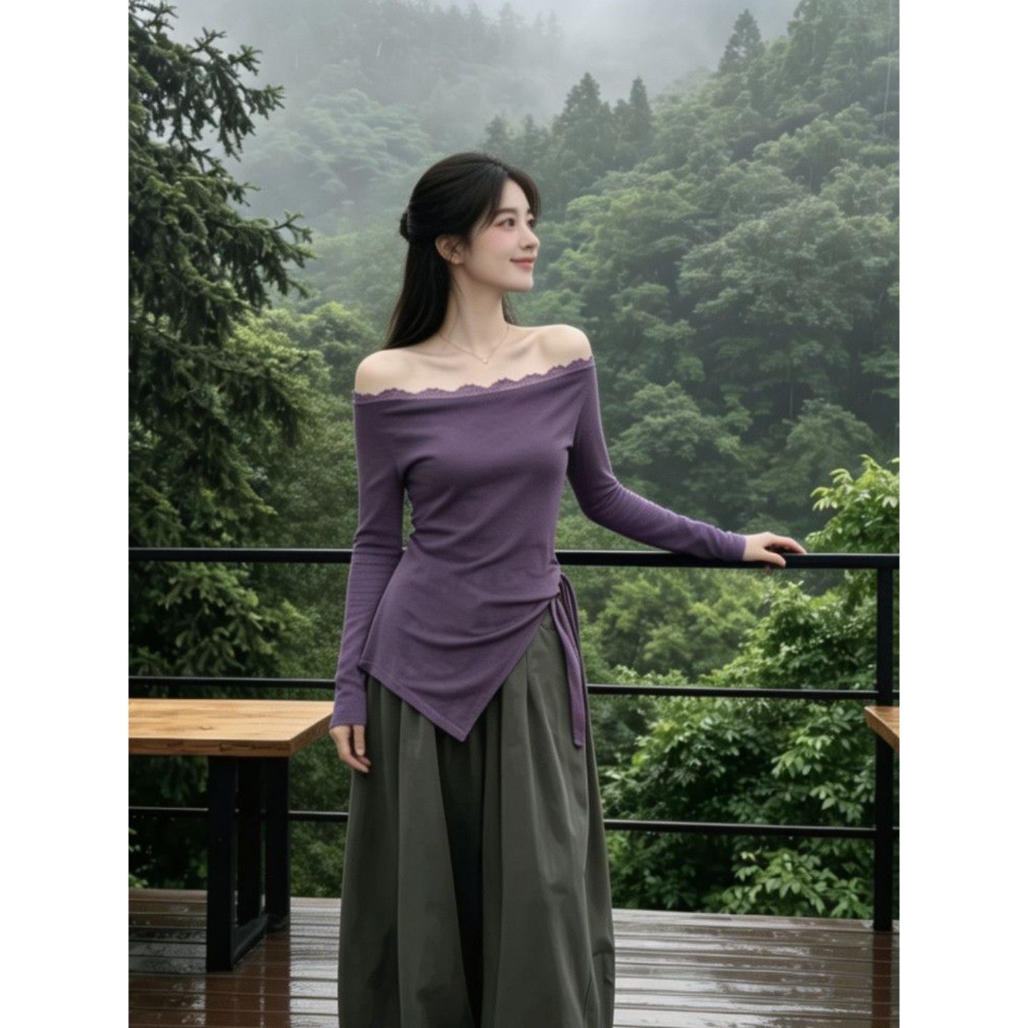 Korean Purple Lace Panel One-Shoulder Long-Sleeve T-Shirt