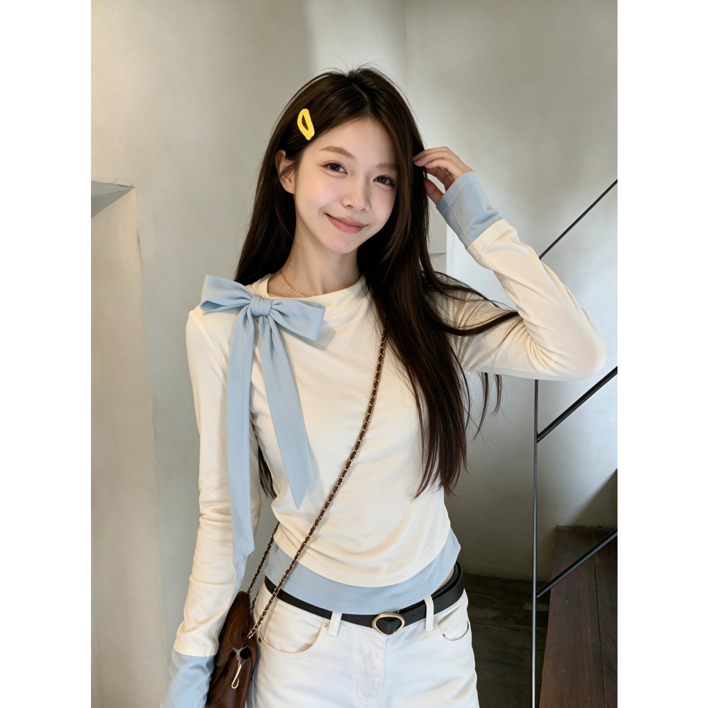 Korean Style Bow Faux Two Piece Long Sleeve Top 2026 Summer New Slimming Sweet Everyday Tee
