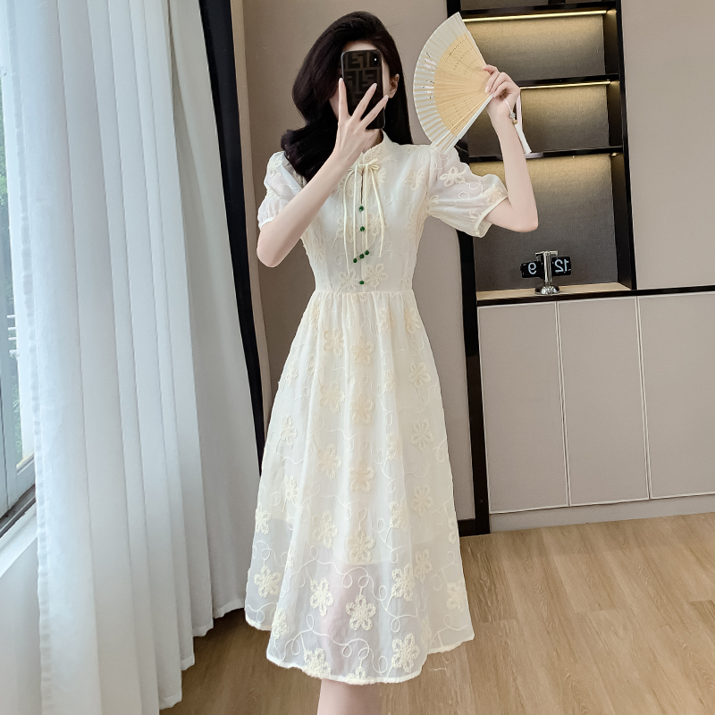 New Chinese Style Jacquard Midi Dress with Stand Collar for Women Summer