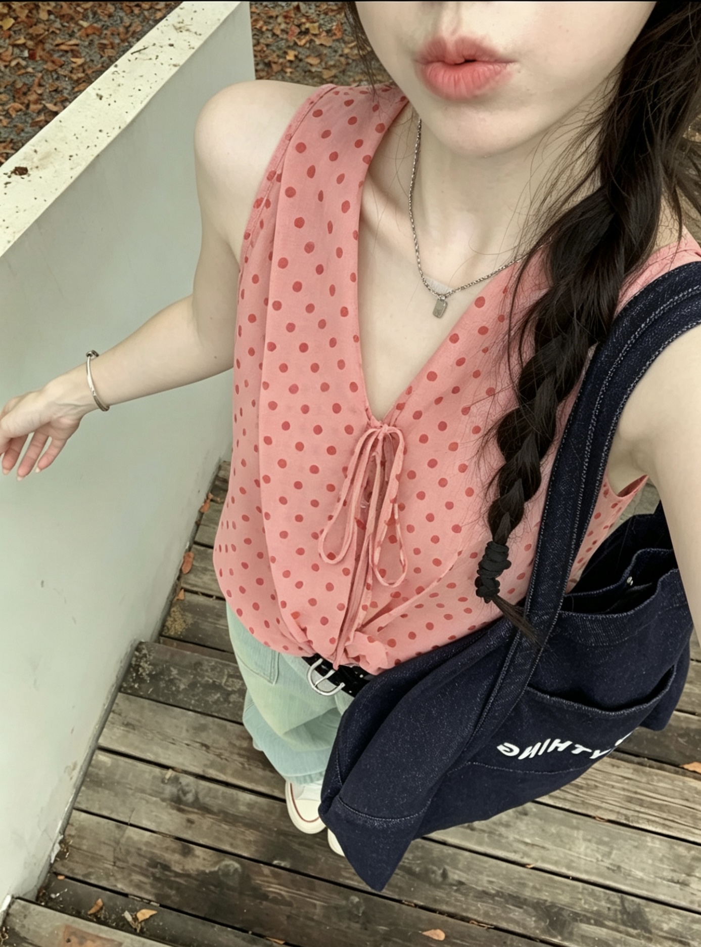 Pink Polka Dot Halter V-Neck Sleeveless Tank Top for Women - Image 3
