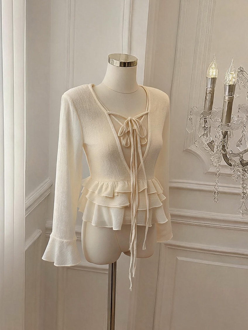 Ruffled V-Neck Tie-Front Bell Sleeve Chiffon Blouse for Women