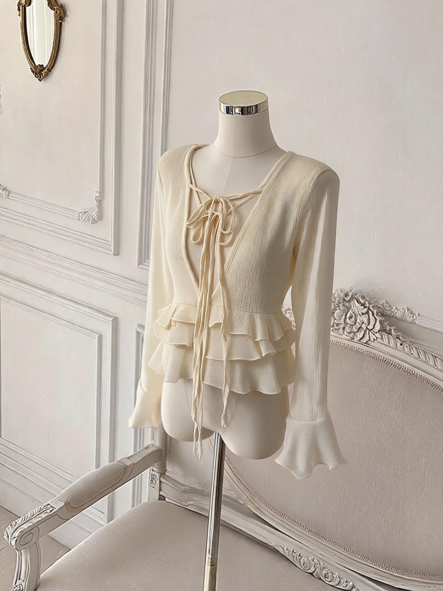 Ruffled V-Neck Tie-Front Bell Sleeve Chiffon Blouse for Women - Image 2