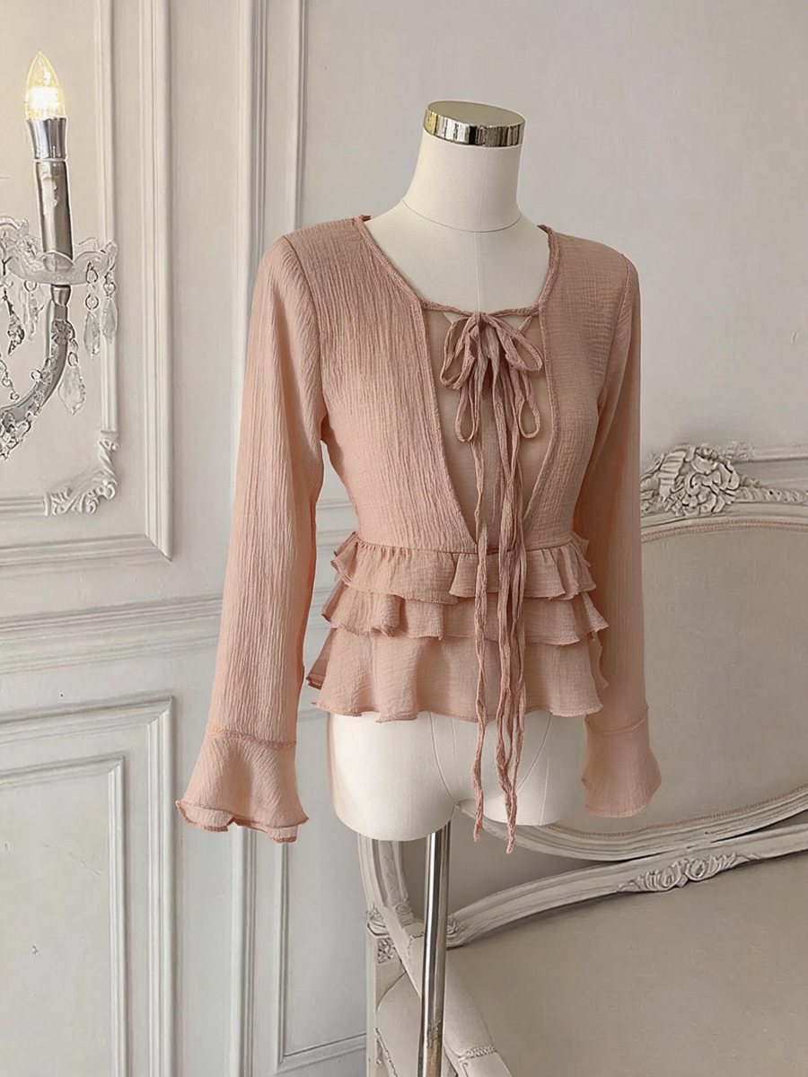 Ruffled V-Neck Tie-Front Bell Sleeve Chiffon Blouse for Women - Image 3