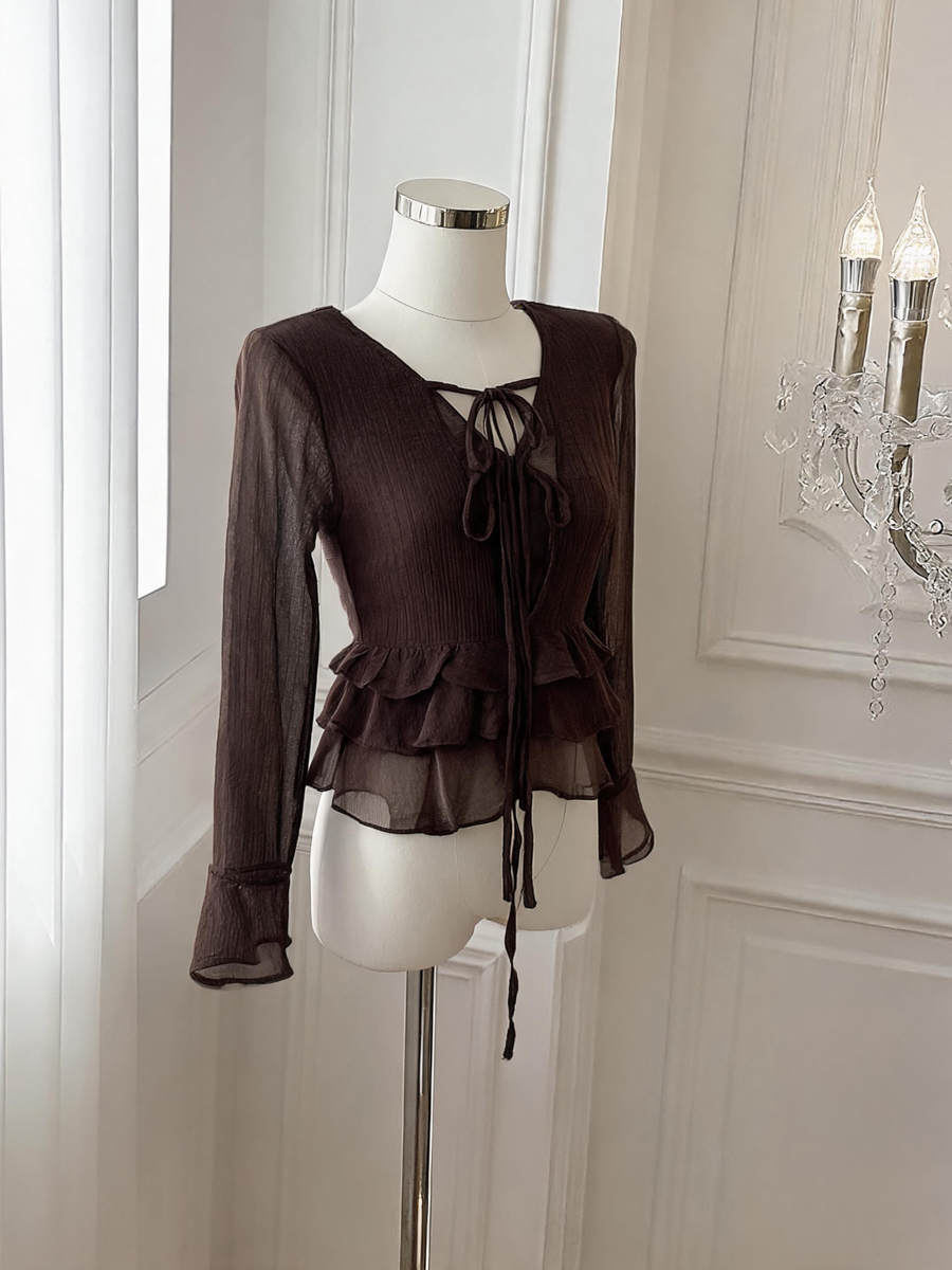 Ruffled V-Neck Tie-Front Bell Sleeve Chiffon Blouse for Women - Image 4