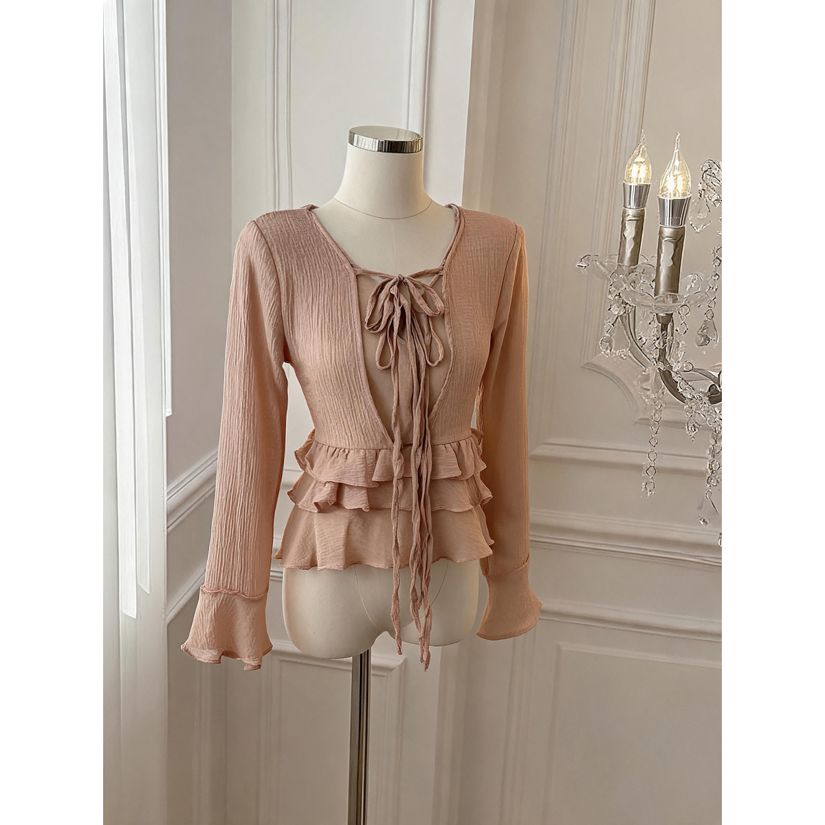 Ruffled V-Neck Tie-Front Bell Sleeve Chiffon Blouse for Women - Image 5