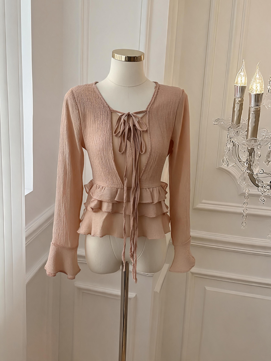 Ruffled V-Neck Tie-Front Flared-Sleeve Chiffon Blouse for Women