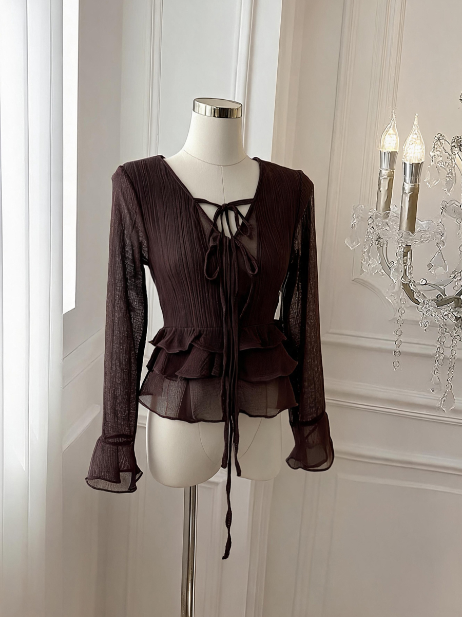Ruffled V-Neck Tie-Front Flared-Sleeve Chiffon Blouse - Style 6652aa