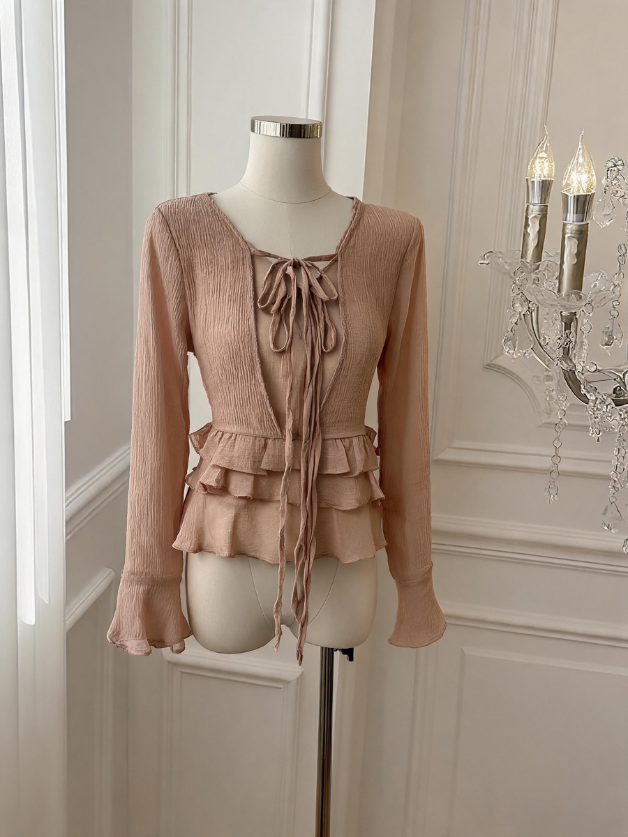 Ruffled V-Neck Tie-Front Flared-Sleeve Chiffon Blouse - Style 6652aa - Image 2