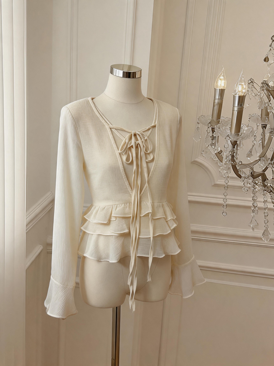 Ruffled V-Neck Tie-Front Flared-Sleeve Chiffon Blouse - Style 6652aa - Image 3