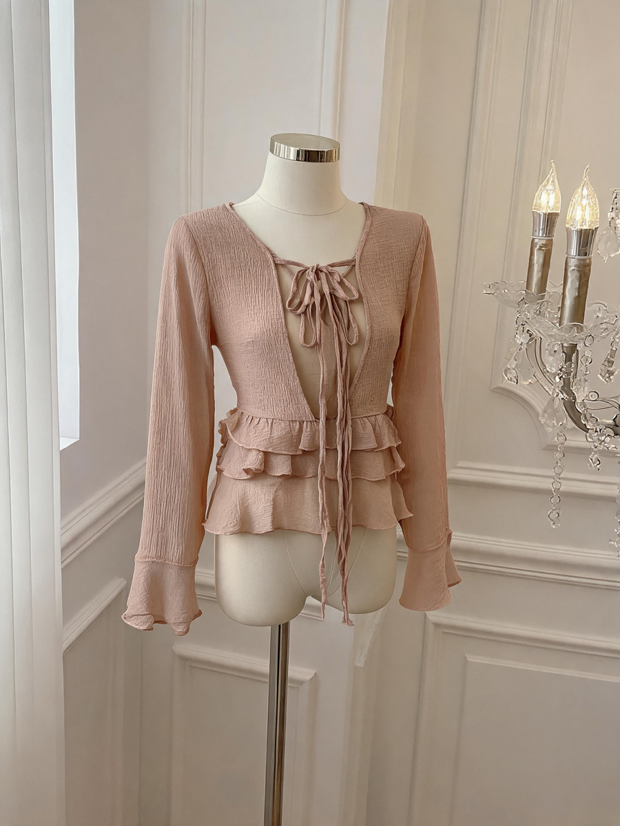 Ruffled V-Neck Tie-Front Flared-Sleeve Chiffon Blouse - Style 6652aa - Image 4