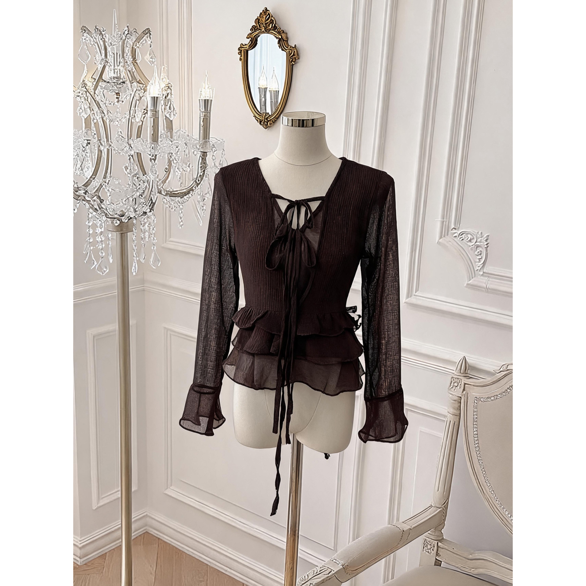 Ruffled V-Neck Tie-Front Flared-Sleeve Chiffon Blouse - Style 6652aa - Image 5