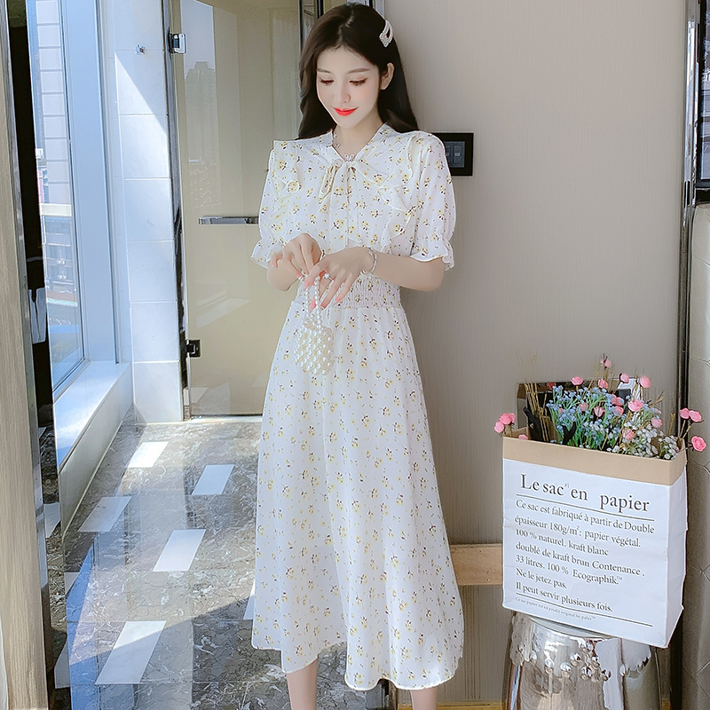 Summer Floral Chiffon Dress Women 2024 French Tea Break Bow Midi Dress