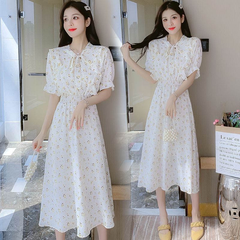 Summer Floral Chiffon Dress Women 2024 French Tea Break Bow Midi Dress - Image 2