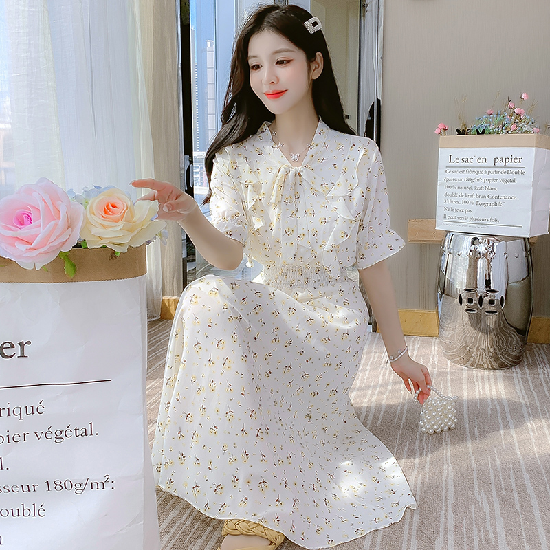 Summer Floral Chiffon Dress Women 2024 French Tea Break Bow Midi Dress - Image 3